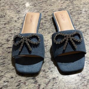 Denim Slide Sandals with Crystal Bow - Blue